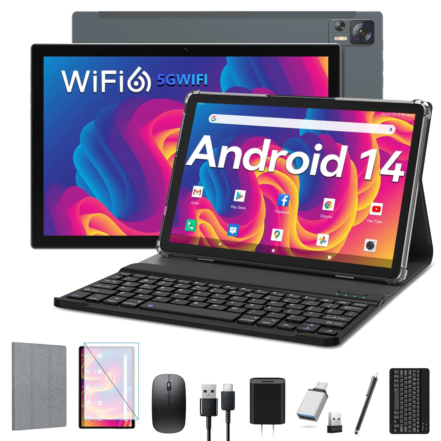 EITOMIN Android 14 Tablet 10 inch WiFi 6 Tablet with Octa-Core Processor 8GB RAM+64/512GB Storage13MP+8MP Camera/GMS Certification/Bluetooth 5.0Tablet with Keyboard/Case/Mouse/Stylus/Gray