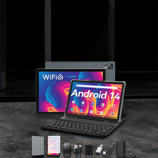 EITOMIN Android 14 Tablet 10 inch WiFi 6 Tablet with Octa-Core Processor 8GB RAM+64/512GB Storage13MP+8MP Camera/GMS Certification/Bluetooth 5.0Tablet with Keyboard/Case/Mouse/Stylus/Gray